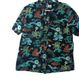Lifted Research Group Mens Casual Button Down Shirt  in Deep Sea Print L